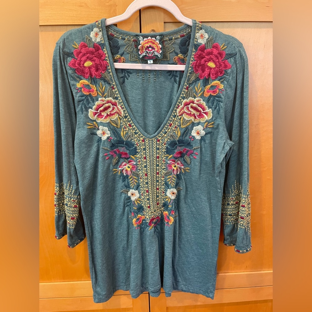 Johnny Was jewel toned embroidered t-shirt, 100% cotton, machine washable, Large